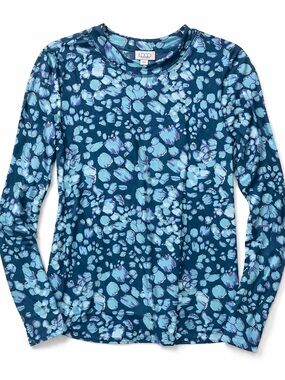 LOGO Lori Goldstein Abstract Floral Knit Top Blue Long Sleeve Womens L